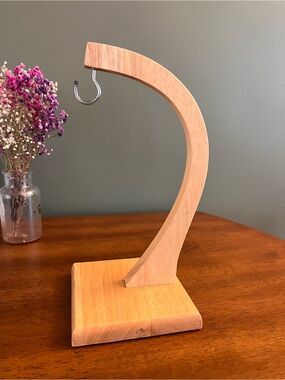 Wooden Plant Display Stand with Metal Hook - Natural Wood